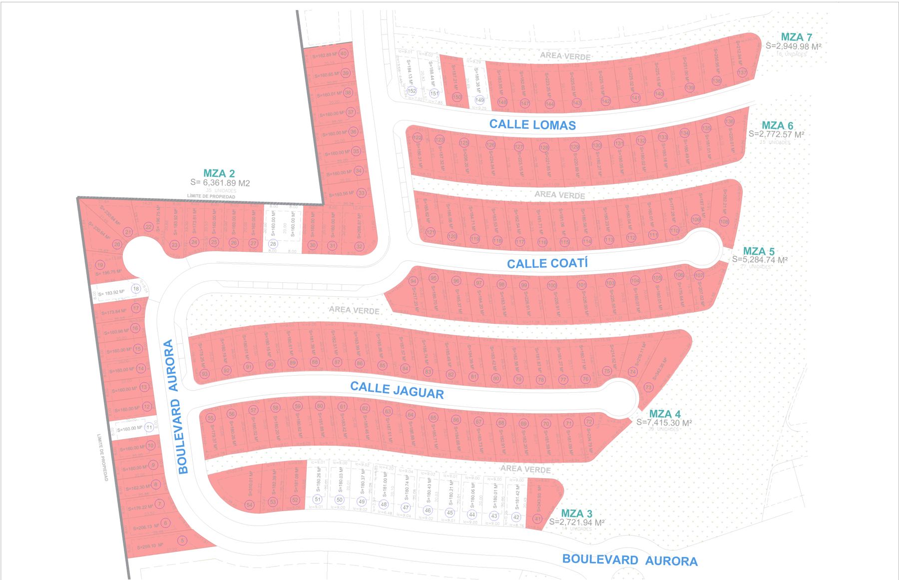 Plano de lotificación de Lomas Aurora