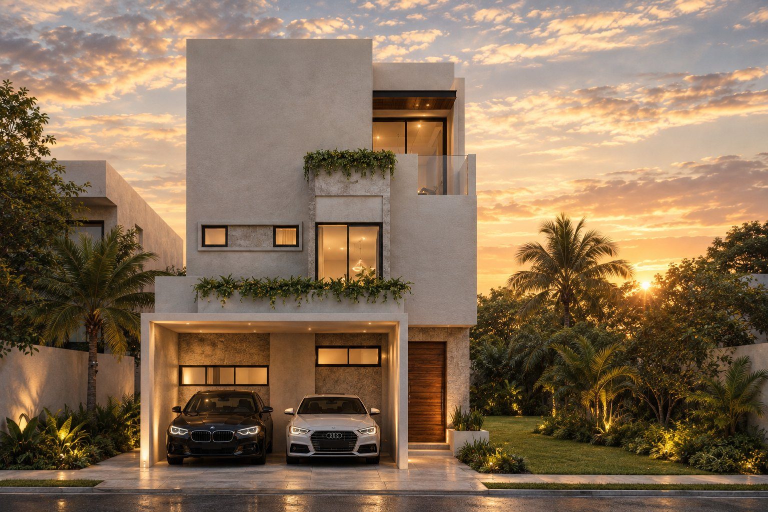 Render de la Casa Cénit al atardecer